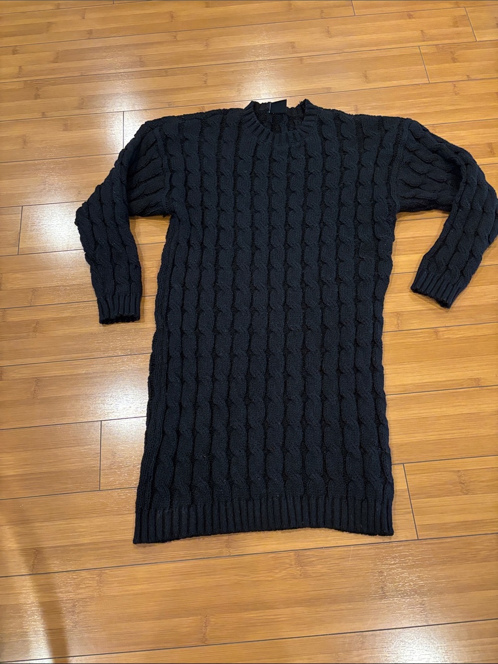 Cable-Knit Crewneck Sweater Dress in Black